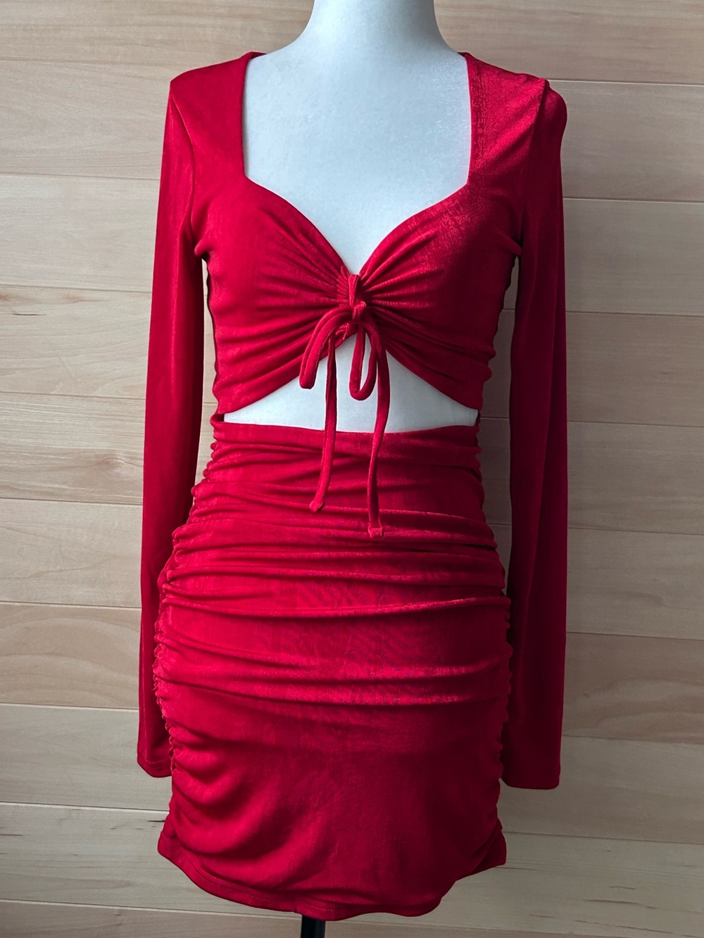 Wet Seal Red Women's Dress size medium long-sleeve cutout ruched mini dress.